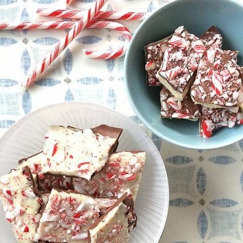 Two bowls filled with candy cane chocolate bark