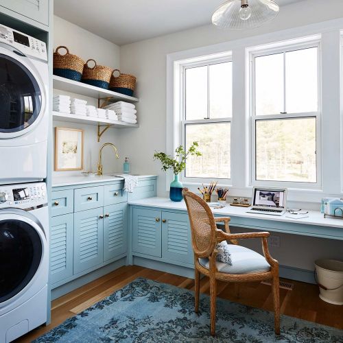 Built in washer and dryer in a baby blue color